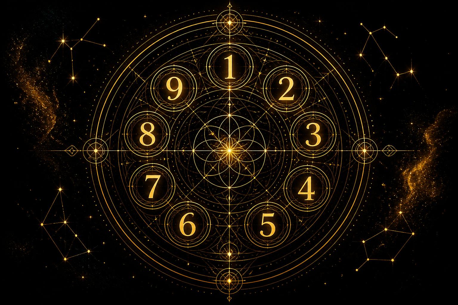 Mandala dourada de numerologia com os números de 1 a 9